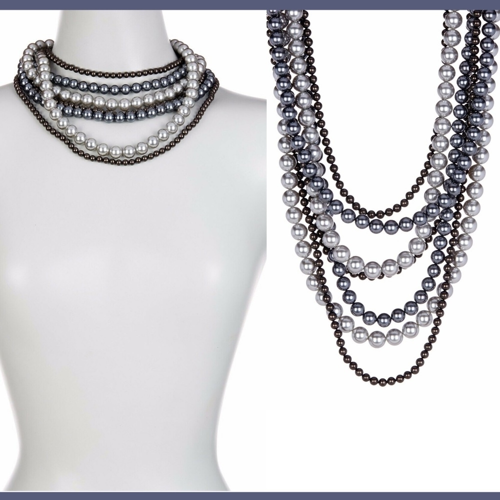 NEW $459 Splendid Pearls 6-12mm Black & Gray Shell Pearl Multi-Row Necklace‎